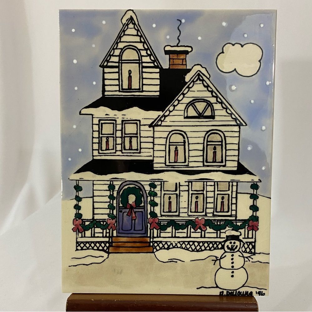 Vintage Nancy DeYoung H&R Johnson Christmas House Ceramic Tile Trivet
